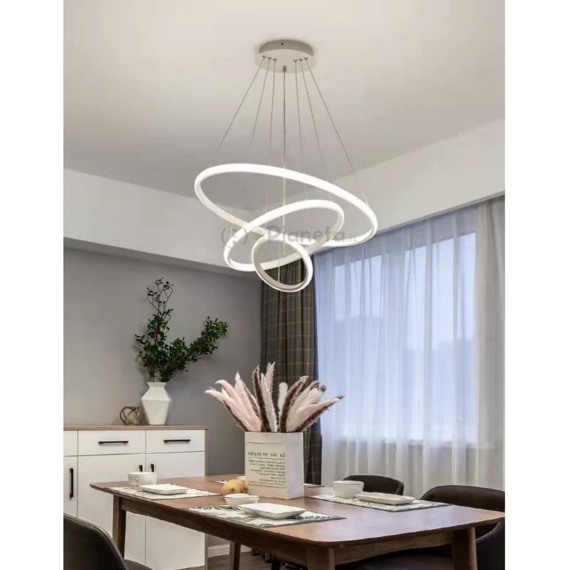 Lampadario sospeso led 100w 3 cerchi pendente cerchio rotondo con anelli bianco design moderno per camera salotto (Luce Naturale)
