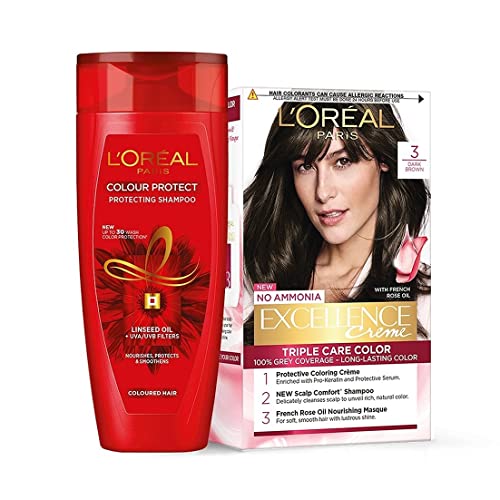 Image of L'Oreal Paris Excellence Hair Color, Shade 4 Dark Brown, (100g+72 ml) with Color Protect Shampoo, 192.5ml Free