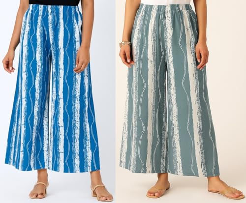 Image of PI World Printed Striped Western Mid Rise Palazzo /Trouser /Pant for Women /Girls Combo 2 (Waist 28 Inches to 36 Inches)