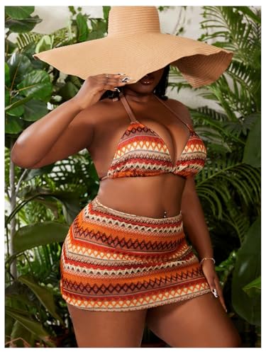 Verdusa Women's Plus Size 3 Piece Graphic Halter Bikini Sets Tie Back Swimsuits with Cover Up Skirt2
