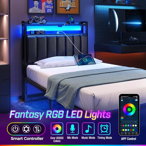 Rolanstar Headboard for Twin Size Bed with Storage, 60,000 DIY Color of LED Light, Head Board with USB & Type C Port, Height Adjustable, Black Upholstered Cabeceras de Cama Comfortable Modern, Leather