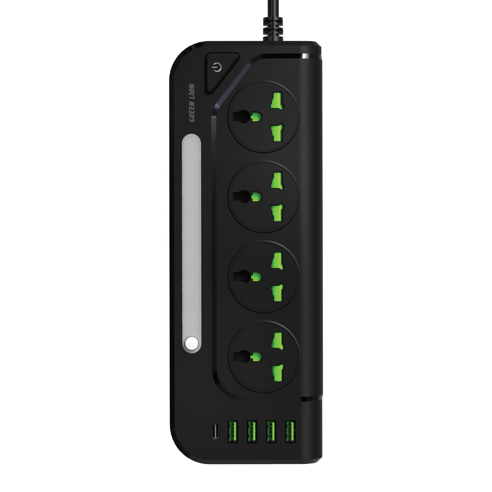 Green Lion GS-100 Power Socket 3000W, USB-A + USB-C (Output 5V/2.4A), LED lights, Over-Voltage Protection, Universal Compatibility, 750° Flame Retardant, Child Safety Door - Black