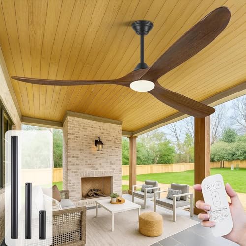 Ventilador de techo de madera de 152cm con luz, ventilador de techo de granja con motor CC reversible silencioso, ventilador de techo rústico de para exteriores para patios, pabellón, porche, cenador