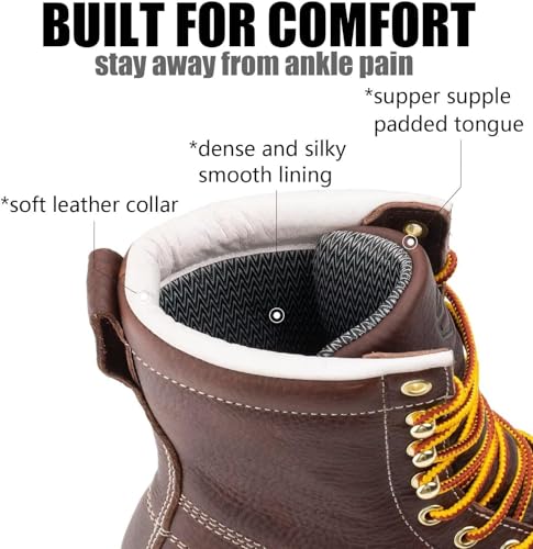 SUREWAY Mens 8 in Wedge Moc Soft/Steel Toe Work Boots for Men,Full-Grain Leather,Goodyear Welt,EH,Safety Industrial Construction Boots/Shoes for Women,Soft Toe Dark BROWN,Size 103
