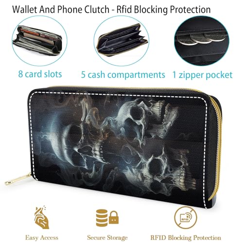 Wallet,Large Capacity RFID Blocking Leather Wallet, Durable Smooth Zipper Clutch,Unisex Travel Wallet for Cards,Cash,and Coins,Skull Smoke 5