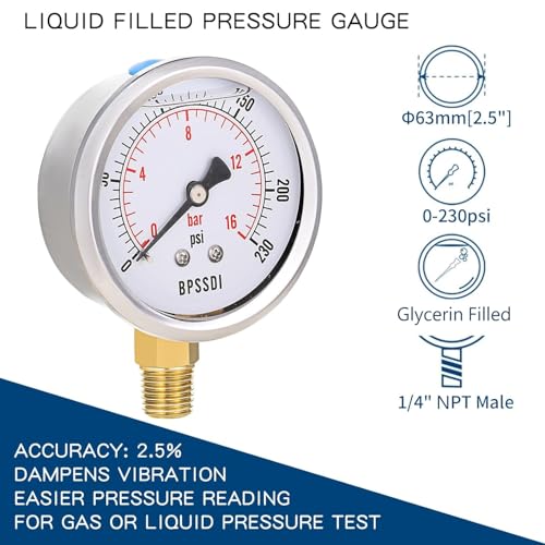 Image of 0-230 Psi Pressure Gauge, Glycerin Filled, Water Pressure Gauge, 2-1 /2 inch Dial, 1 /4 inchNPT Lower Mount, Stainless Steel Case, for Pneumatic Regulator Air Compressor RV Regulator Water Pressure Test