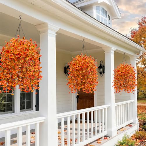 Image of Bassion Artificial Mums for Outdoor, 2 Pcs Fake Fall Hanging Flower, Orange | UV resistant, silk, realistic faux fall flowers for outside planters garden yard patio balcony front door porch home decor