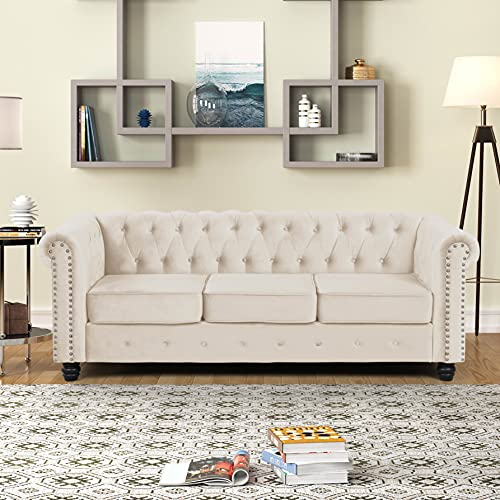 Morden Fort Couch Sofa, Couches For Living Room No Sagging, Couches 24'' Comfy Seat Depth, Sofas Couches Tool-Free Assemble, Velvet Sofas For Living Room Pet-Friendly Super Soft Chesterfield Beige #TOP6