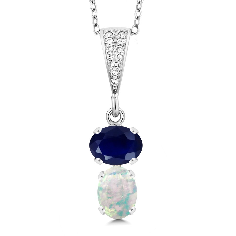 Gem Stone King 2.91 Ct Oval Blue Sapphire White Simulated Opal 925 Sterling Silver Pendant