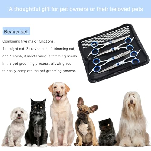 Diompirux paquet de 5 Profes Ciseaux Toilettage Professionnel Chien Poils, Compris 1 Ciseaux à Effiler, 2 Ciseaux Courbes, 1 Ciseaux Droits, 1 Peigne, pour Animaux Domestiques pour Couper les Poils – Image 6