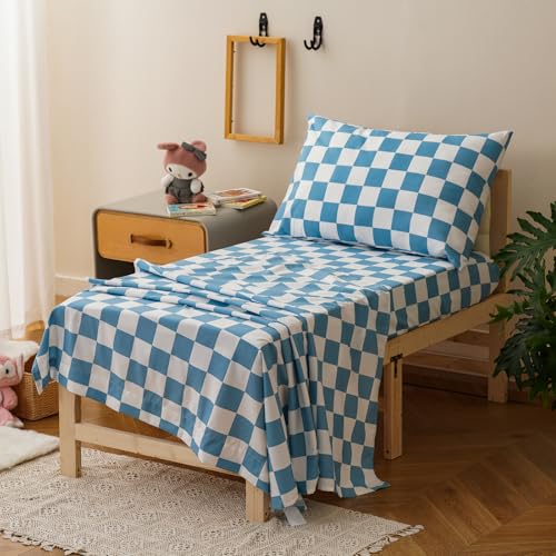 Image of Luxlovery Toddler Comforter Set Checkered Plaid Sky Blue White Kids Boho Bedding Set Bed Set for Dorm 4 Pieces (1 Comforter, 1 Flat Sheet, 1 Fitted Sheet, 1 Pillowcase)