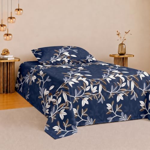 Image of IVAZA 260 TC Soft Ezyption Cotton Floral Single Bed Sheet - Single bedsheet with 1 Pillow Cover Hypoallergenic, Brethable, (Size- 90 x 60 Inch Slate Blue