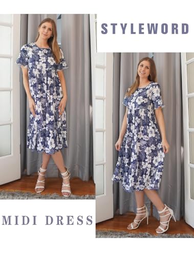 STYLEWORD Women's Summer 2026 Casual Short Sleeve Tiered Flowy Maxi Spring Dress Long Midi Beach Sundress Vacation Hawaiian Outfits(Floral05,XXL) — view 4