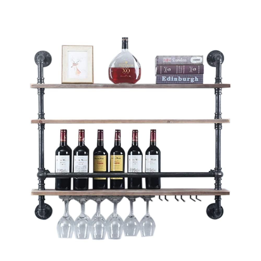 Industrial Pipe Shelf Wine Rack Wall Mounted,3-Tiers Rustic Floating Bar Shelves Wine Shelf,Steam punk Pipe shelving Glass Rack Wall Mounted with Glass Bottle Holder,92x20x89cm,36inch