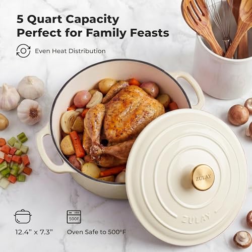 Image of Zulay Kitchen 5 Quart Enameled Cast Iron Dutch Oven Pot with Lid - Premium Durability & Oven Safe up to 500F - Heavy Duty Cookware Perfect for Bread Baking, Stews, Braising & Roasting - Ivory