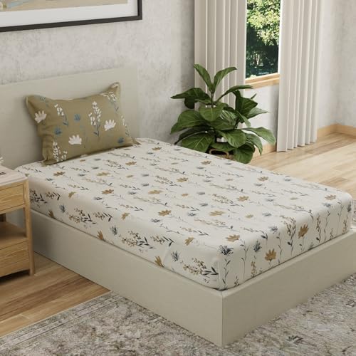 Image of HUESLAND by Ahmedabad Cotton 144 TC Bedsheet for Single Bed with 1 Pillow Cover | White, Olive Green & Grey