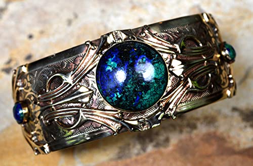 Elaine Coyne Collectible Artwear Hand Polished Antique Brass Art Deco Motif Cuff Bracelet - Chrysocolla #TOP2