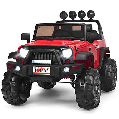 Costzon Ride on Car, 12V Battery Powered Electric Vehicle w/ 2.4G Parent Remote Control, Spring Suspension, 3 Speeds, LED Lights, MP3, Music, USB & AUX Port, Safety Belt, Kids 4 Wheeler Truck (Red)