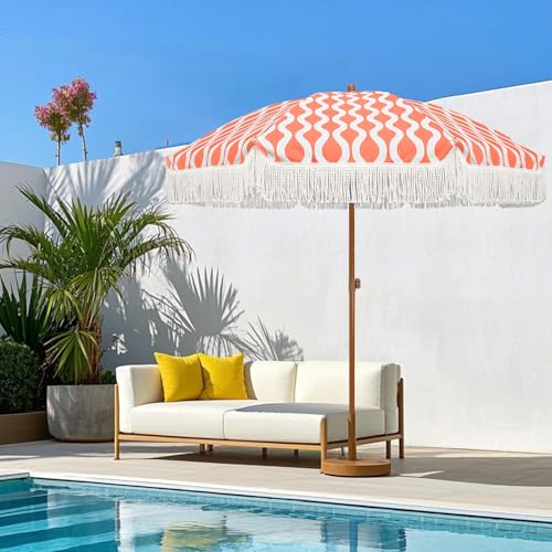 Image of AMMSUN 7ft Patio Umbrella with Fringe Outdoor Tassel Umbrella UPF50+ Premium Steel Pole and Ribs Push Button Tilt, Wave Pink Champagne