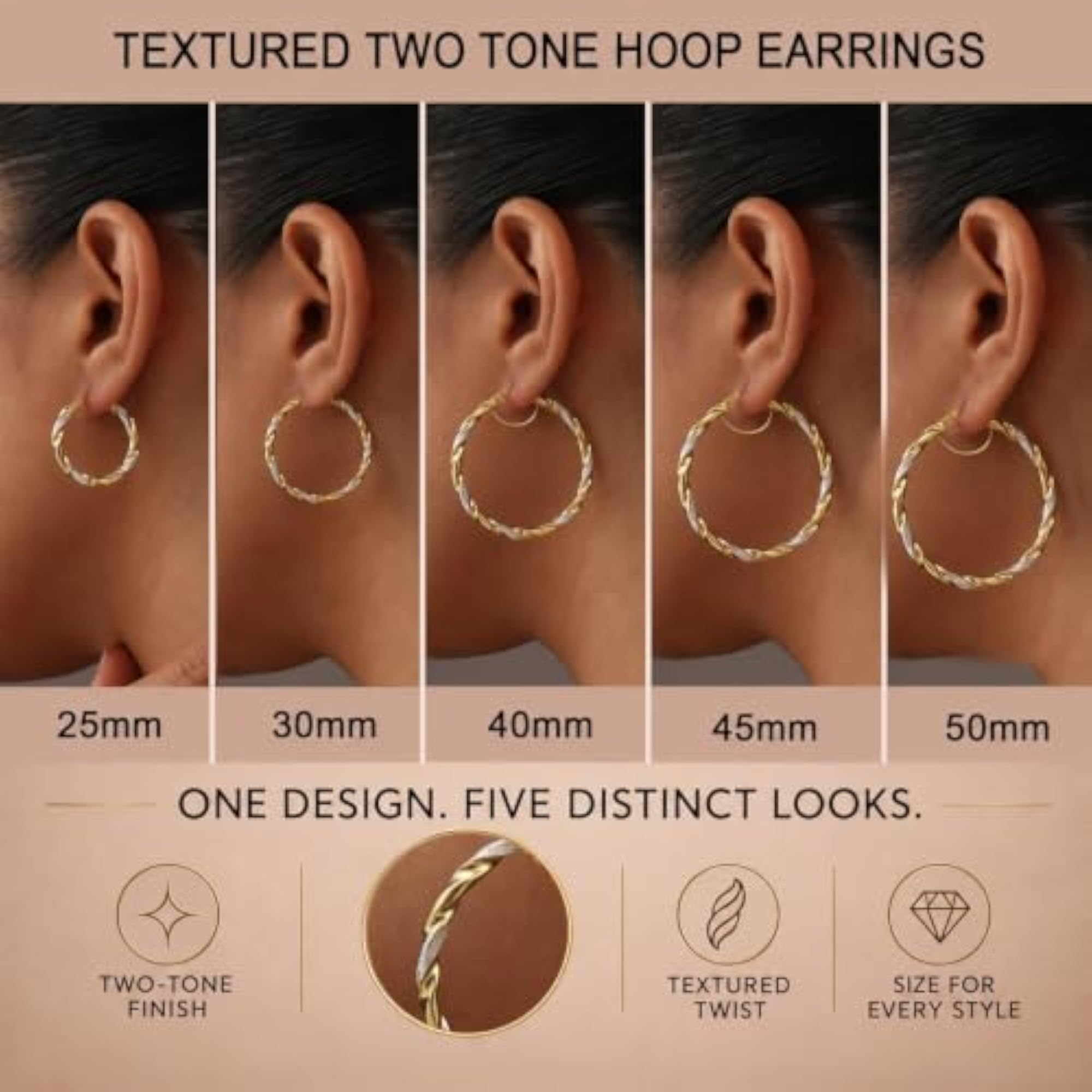 Women's 925 Sterling Silver Textured Tri-Color Lightweight Earrings