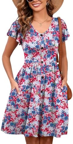 Heymoments Women Summer Dresses Ruffle Sleeve Casual V Neck Swing Button Down Flowy Dress with Pockets