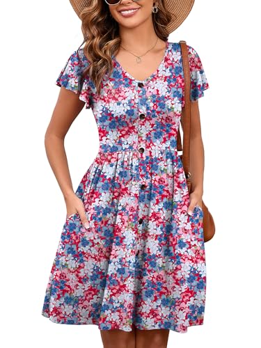 Image of Heymoments Women's Ruffle Sleeve V Neck Swing Sundress Summer Casual A-Line Midi Dress with Pockets S-2XL
