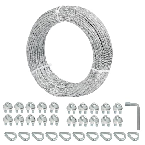 hannger 1/8 Galvanized Steel Wire Rope Cable, 100FT Galvanized Steel Cable with Rope Clamp and Thimble, 7X7 Strand Core Aircraft Cable Used for Anchored Shed, Fencing, Sunshade, Clothesline,