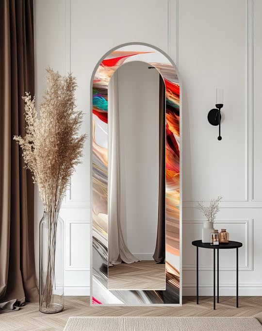 23,5''W x 67''H Fluid Colorburst Brushstroke - Specchio da pavimento astratto ad arco a tutta lunghezza - Specchio da pavimento colorato a corpo intero con cornice nera