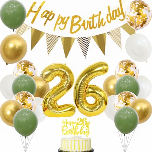 Yunchu Online - Décoration d'anniversaire 26 ans pour femmes et hommes, décoration de fête 26 ans, décoration de gâteau vert sauge blanc or, ballons de fête