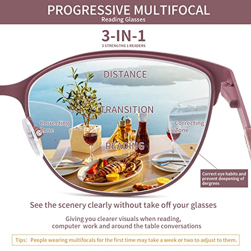 Kafirlo Progressive Multifocal Reading Glasses Women Metal Frame No Line Multifocus Transition Blue Light Blocking Computer Readers Multi Focus Stylish Designer Ladies Lightweight Cateye Eyeglass 1.50 thumb #2
