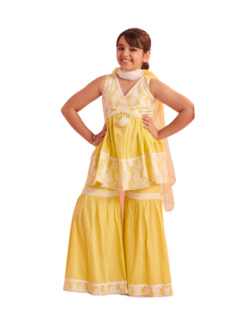 Pspeaches Girl's Cotton Sharara Set (Sha-Limewtnet-12-13Y_Lime
