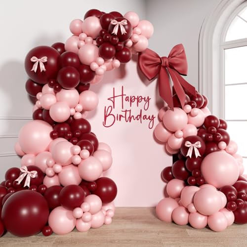 137pcs Burgundy Balloon Arch Kit Maroon Burgundy and Pink Balloons for Bridal Shower Wedding Graduation Birthday Party Decorations for Women