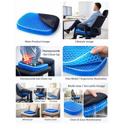 Image of Devera Gel Seat Cushion for Office Chair & Car Driver, Honeycomb Silicone Gel Cooling Seat Cushion, Breathable Pressure Relief Sitting Cushion, Black 36x30x3.5cm (Square)