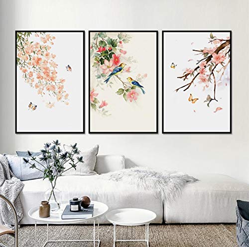 Fleur papillon style chinois peinture pour raviver un mur vide triptyque 50x70cm