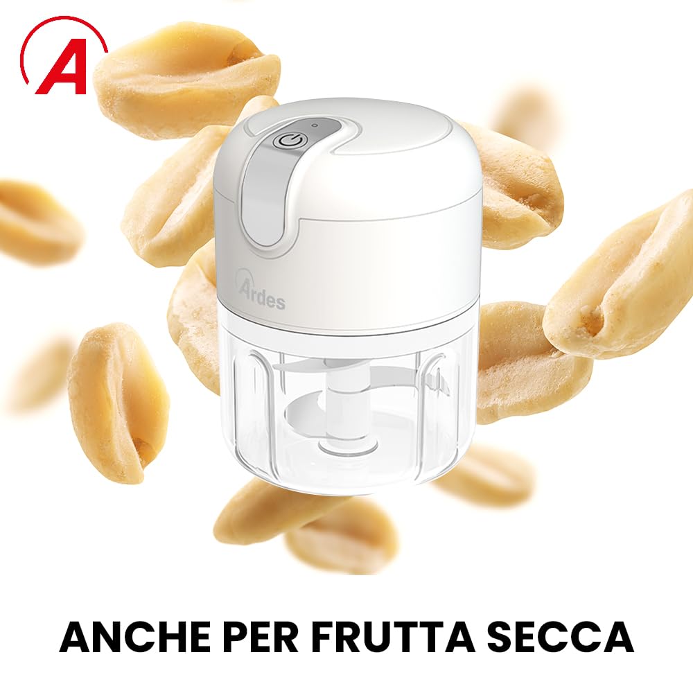 ARDES - ARCHOP02 Tritatutto da Cucina Elettrico Ricaricabile Senza Fili - Tritatutto Elettrico 3 Lame in Acciaio INOX - Mixer Cucina 250 ml - Trita Tutto Portatile
