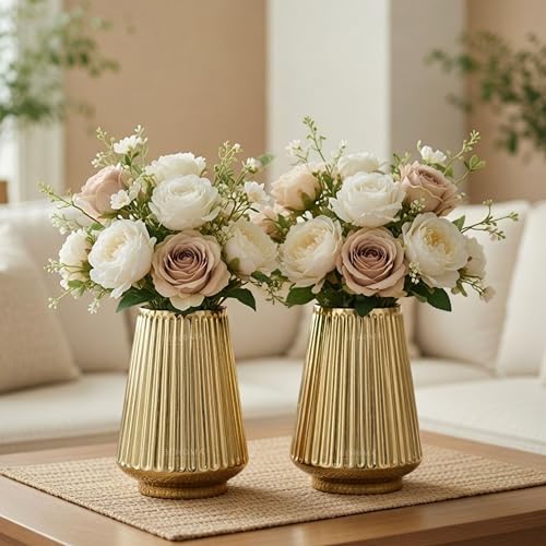 Image of BEHOMA Metal Fluted Column Flower Vase Set, Golden - Set of 2 | Modern Metal flower vase in Gold - for fresh or artificial flower displays for living room - great wedding gift