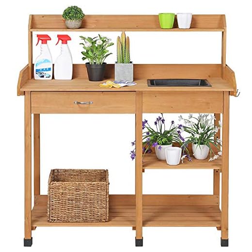 Topeakmart Outdoor Garden Potting Bench Potting Table Work Bench with Removable Sink Drawer Rack Shelves Work Station Wood