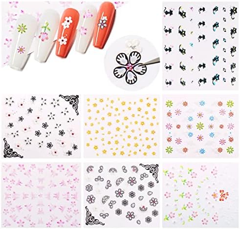 NiceDeco 50 Sheets 3D Design Self-Adhesive Tip Nail Stickers Nail Art Tattoo Nail Decals DIY Nail Art Decoration Flower/Butterfly/Fishes/Stars/Cat/Halloween Skull/Moustache/Lace