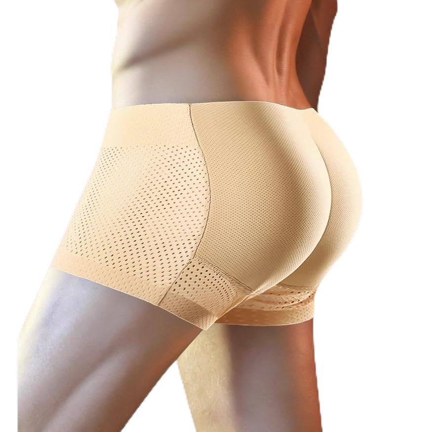 Sexy Mens Butt Padded Underwear Mens Mesh Shapewear Boxer Briefs One Piece Hip Non-Detachable Butt Enhancing Pads