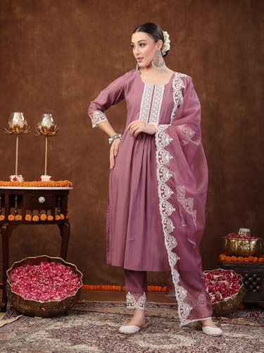 Image of Stylum Women's Embroidered Silk Blend Straight Kurta with Pant & Dupatta