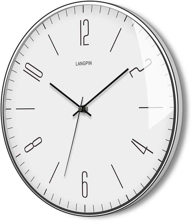 Silent & Non Ticking Modern Wall Clock 14"- Battery Operated Digital Quiet Sweep Office Decor Clocks,Chrome Coated Metal Frame Glass Cover 903-1