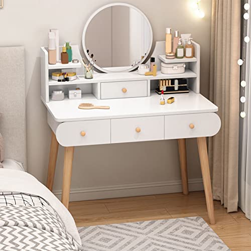 Moderna mesa de tocador con espejo LED ajustable, 4 cajones y estantes abiertos, elegante escritorio de maquillaje para dormitorio, tocador de madera, escritorio de escritura (100 x 40 x 120 cm)