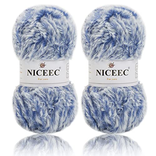 Image of NICEEC 2 Skeins Faux Fur Yarn Super Soft, Chunky & Fluffy, Eyelash Yarn for Crochet & Knitting (Total Length 70yds,3.53oz) - Blue