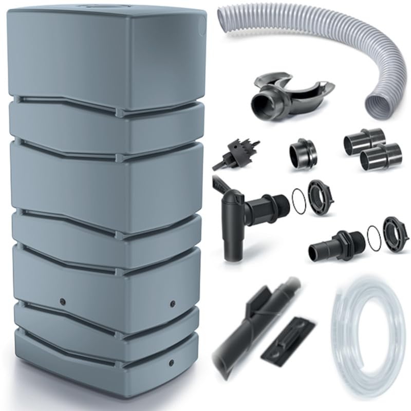 Regentonne 650L, Grau, mit Deckel, Wasserhahn und Zubehör-Set, Langlebiger Regenwasserspeicher für Garten