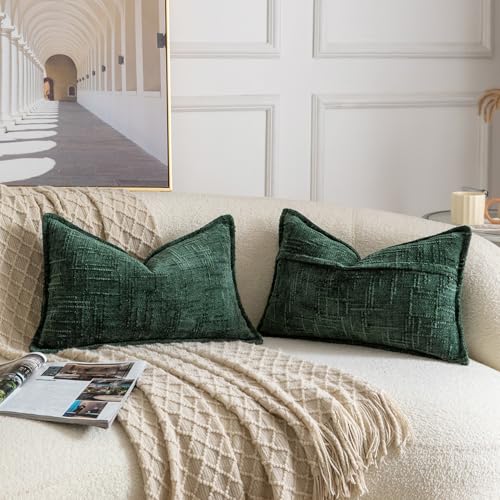 Image of MADIZZ Pack of 2 Chenille Throw Pillow Covers 12x20 Inch Green Soft Neutral Decorative Throw Pillows for Couch Sofa Boho Accent Cushion Covers Modern Farmhouse Home Decor for Bedroom Living Room