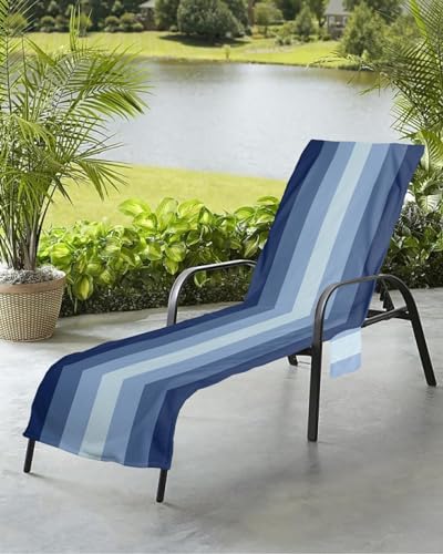 Navy Blue Stripes Beach Chair Towel Covers for Chaise Lounge with Side Pocket, Soft Plush Pool Towels Cover for Patio Sunbathing Outdoor 29''x85'' Gradient Modern Minimalist Geometric