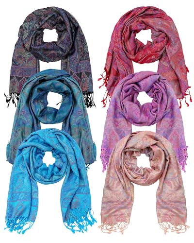 Chuarry 6 Pcs Paisley Pashmina Shawls and Wraps Bulk for Women Cashmere Scarf Tassels Soft Wrap Stole Two Tones Wedding Gift