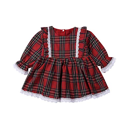 Vestido de Navidad para niña bebé Falda tutú de Cuadros Rojos con Mangas con Volantes Trajes de Fiesta de Navidad Conjunto de Ropa a Juego de la Hermana (Lace Long Sleeves,4-5 Años) Cover