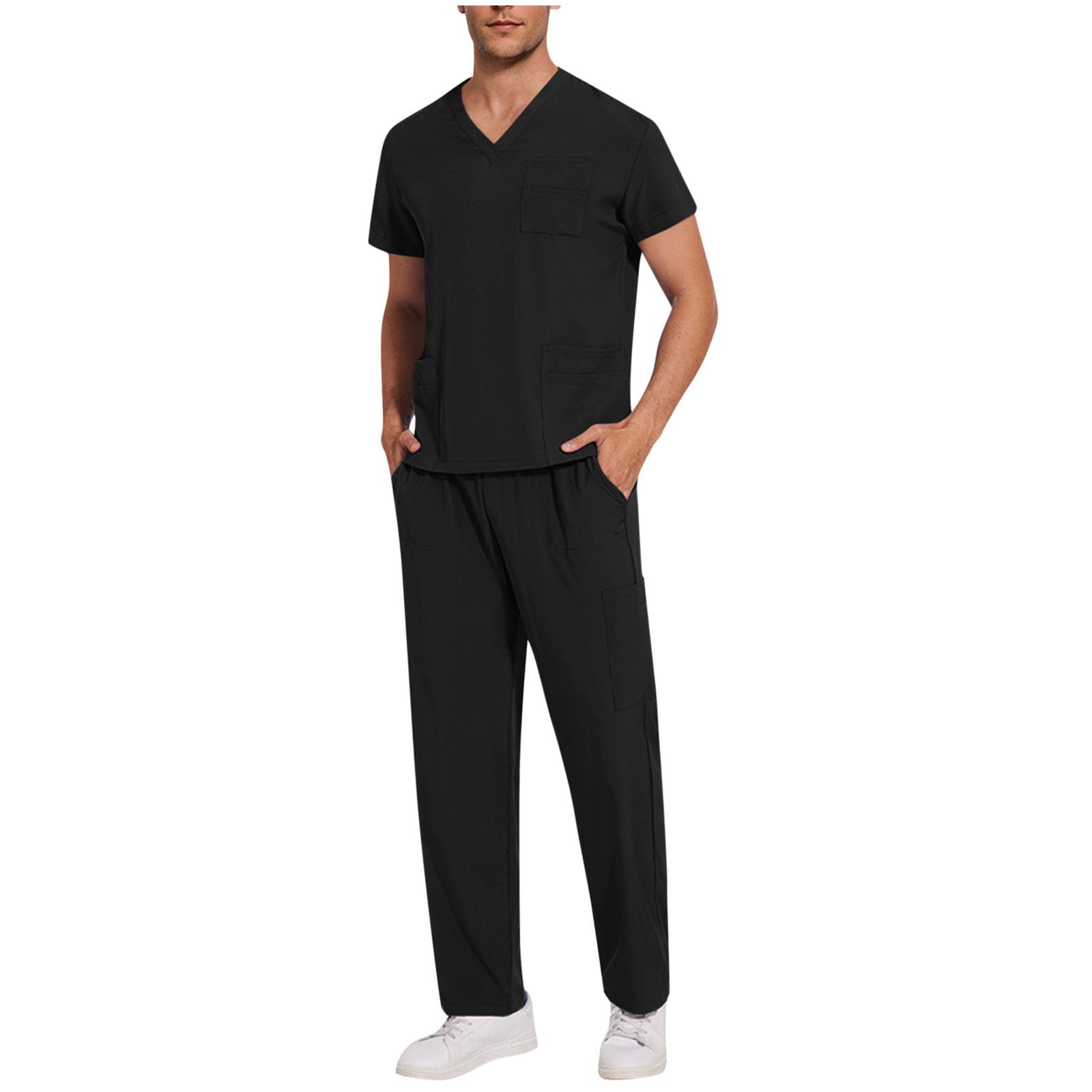 Work Uniform Scrubs for Men Set V Neck Scrub Top Straight Leg Elastic Cargo Pants Pockets — view 2