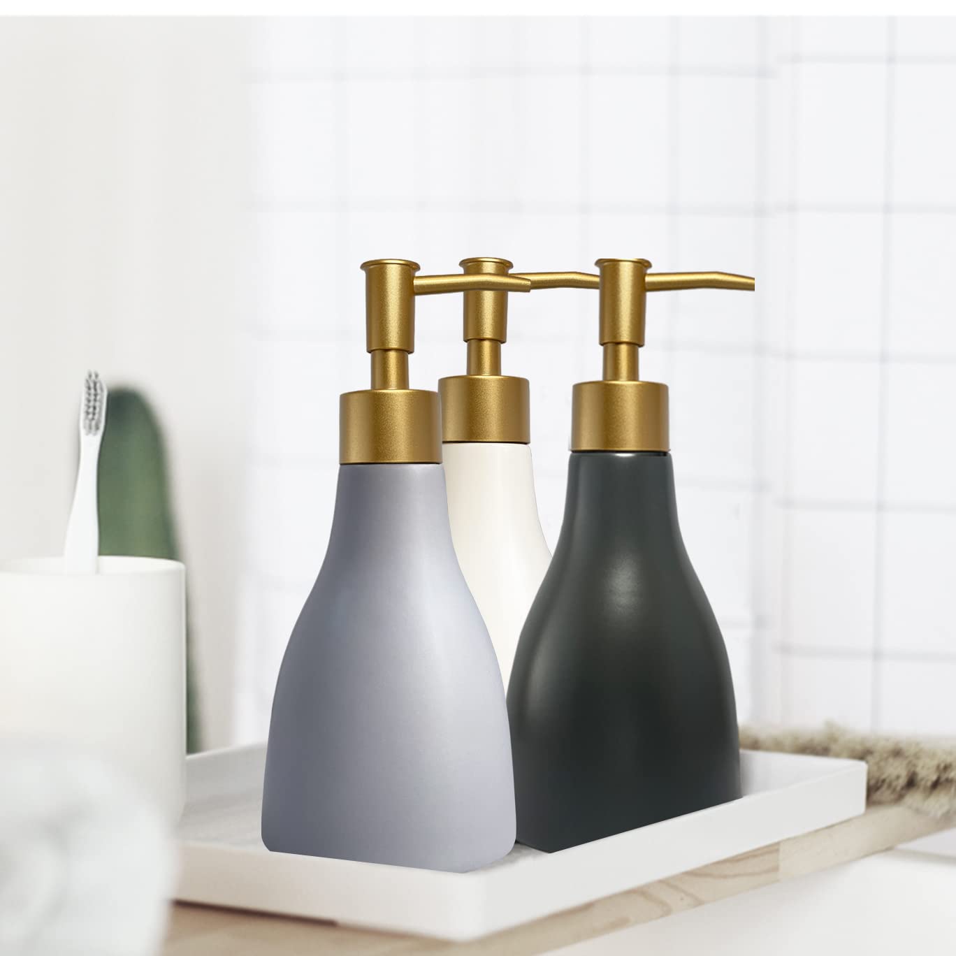 Dispensador de jabón líquido de 280 ml para baño con bomba dorada, dispensador de jabón para fregadero de cocina, dispensador de jabón de manos recargable de cerámica gris para encimera o ducha